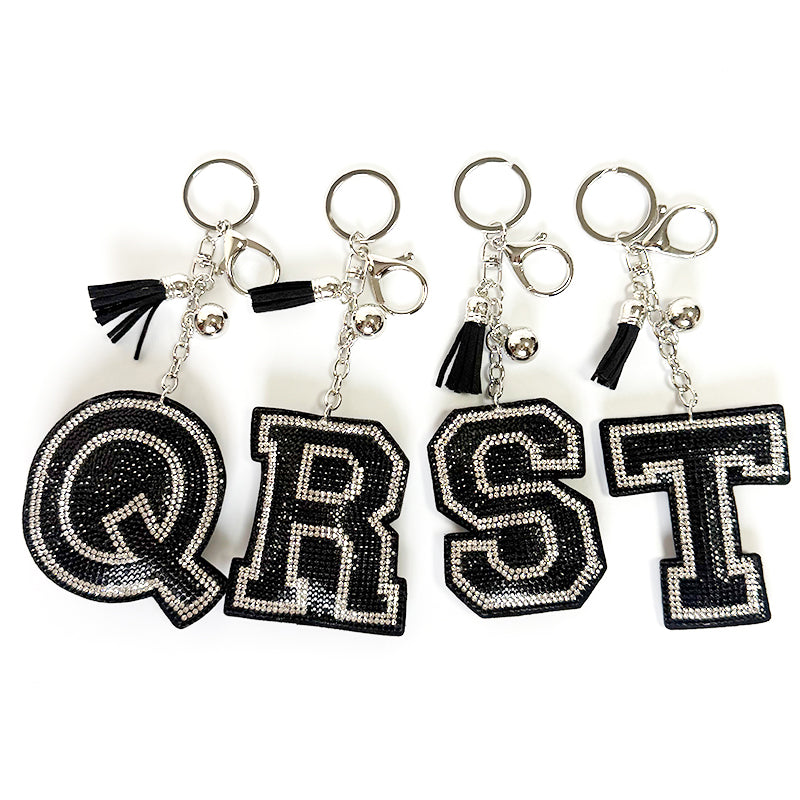 Rhinestone Letter Keychain, Black Varsity Initial Alphabet Charm Keyring with Tassel Bell, Personalized Bag Pendant Gift for Women