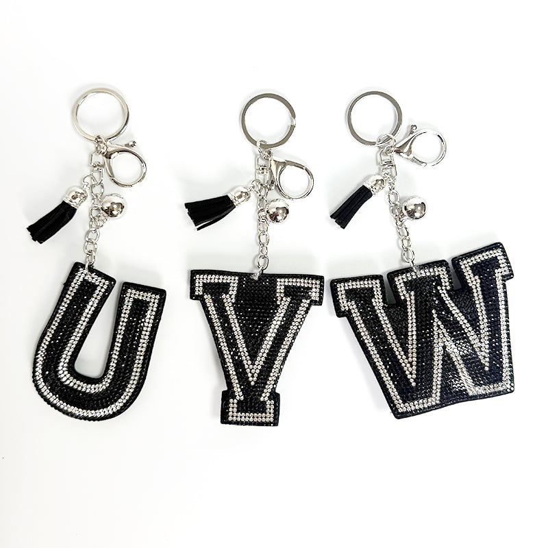 Rhinestone Letter Keychain, Black Varsity Initial Alphabet Charm Keyring with Tassel Bell, Personalized Bag Pendant Gift for Women