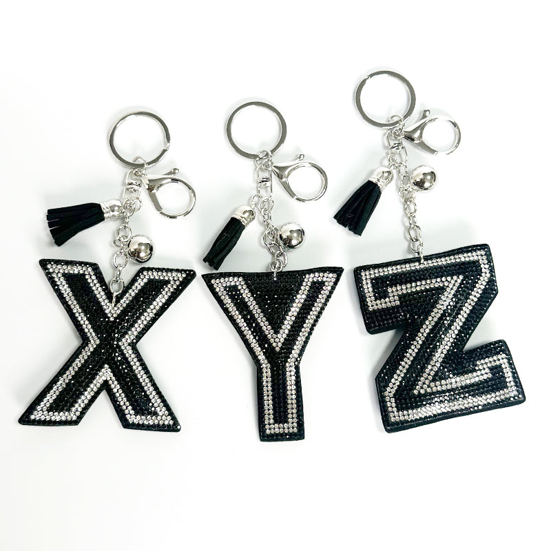 Rhinestone Letter Keychain, Black Varsity Initial Alphabet Charm Keyring with Tassel Bell, Personalized Bag Pendant Gift for Women