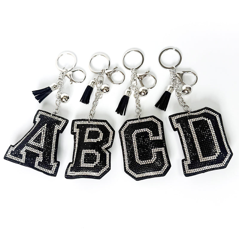 Rhinestone Letter Keychain, Black Varsity Initial Alphabet Charm Keyring with Tassel Bell, Personalized Bag Pendant Gift for Women