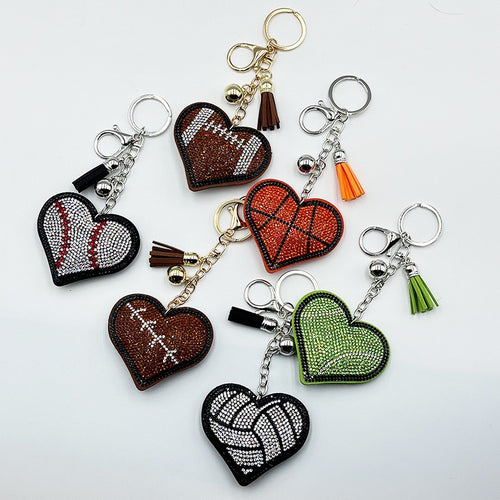 Heart Shaped Sports Rhinestone Keychain, Bling Crystal Baseball Basketball Football Soccer Volleyball Keyring with Tassel Bell, Cute Sports Fan Bag Charm Accessory Gift for Women Girls
