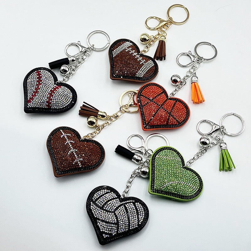 Heart Shaped Sports Rhinestone Keychain, Bling Crystal Baseball Basketball Football Soccer Volleyball Keyring with Tassel Bell, Cute Sports Fan Bag Charm Accessory Gift for Women Girls