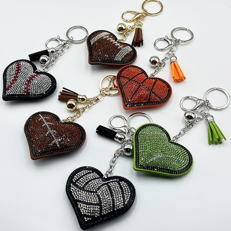 Heart Shaped Sports Rhinestone Keychain, Bling Crystal Baseball Basketball Football Soccer Volleyball Keyring with Tassel Bell, Cute Sports Fan Bag Charm Accessory Gift for Women Girls