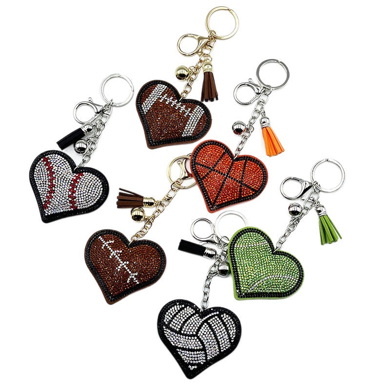 Heart Shaped Sports Rhinestone Keychain, Bling Crystal Baseball Basketball Football Soccer Volleyball Keyring with Tassel Bell, Cute Sports Fan Bag Charm Accessory Gift for Women Girls