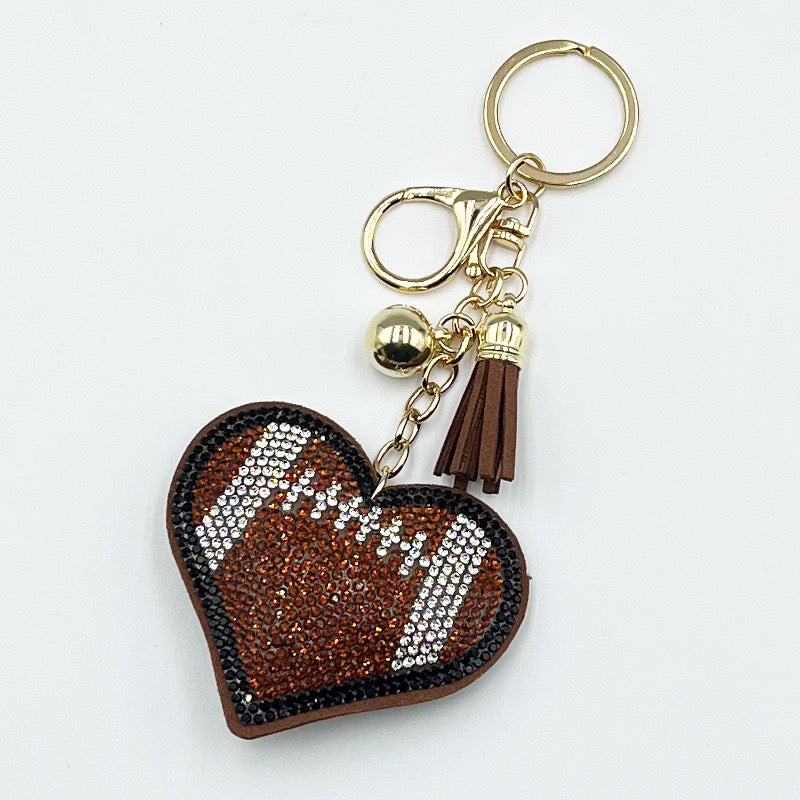 Heart Shaped Sports Rhinestone Keychain, Bling Crystal Baseball Basketball Football Soccer Volleyball Keyring with Tassel Bell, Cute Sports Fan Bag Charm Accessory Gift for Women Girls