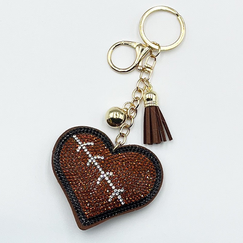 Heart Shaped Sports Rhinestone Keychain, Bling Crystal Baseball Basketball Football Soccer Volleyball Keyring with Tassel Bell, Cute Sports Fan Bag Charm Accessory Gift for Women Girls