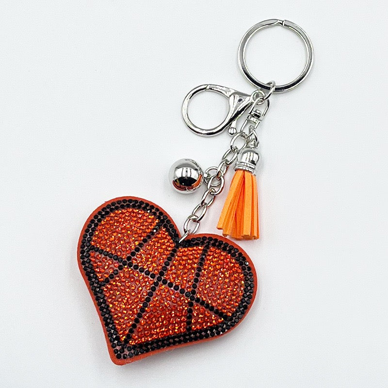 Heart Shaped Sports Rhinestone Keychain, Bling Crystal Baseball Basketball Football Soccer Volleyball Keyring with Tassel Bell, Cute Sports Fan Bag Charm Accessory Gift for Women Girls