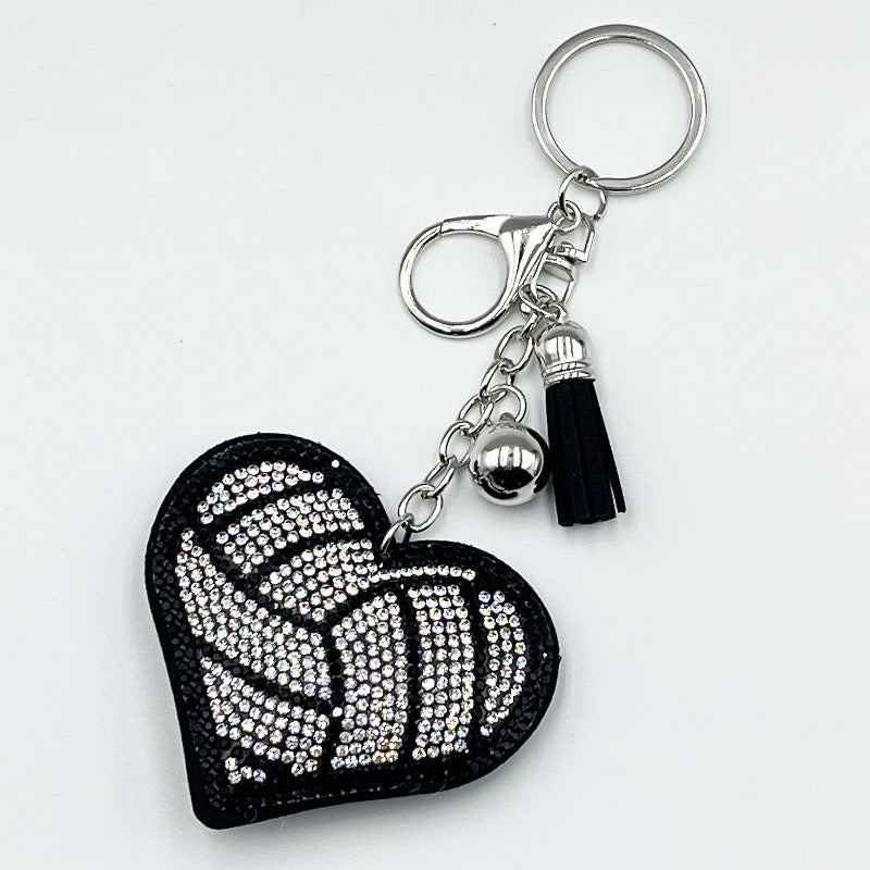 Heart Shaped Sports Rhinestone Keychain, Bling Crystal Baseball Basketball Football Soccer Volleyball Keyring with Tassel Bell, Cute Sports Fan Bag Charm Accessory Gift for Women Girls