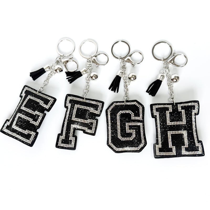 Rhinestone Letter Keychain, Black Varsity Initial Alphabet Charm Keyring with Tassel Bell, Personalized Bag Pendant Gift for Women
