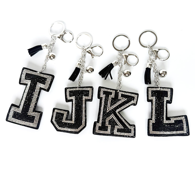 Rhinestone Letter Keychain, Black Varsity Initial Alphabet Charm Keyring with Tassel Bell, Personalized Bag Pendant Gift for Women