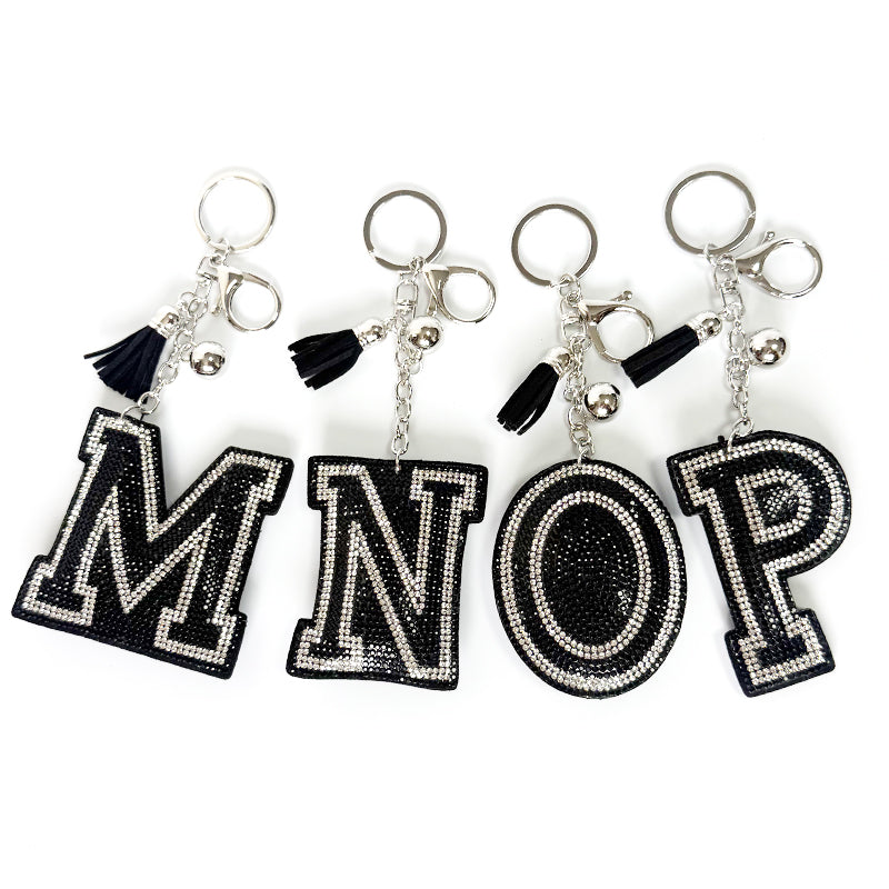 Rhinestone Letter Keychain, Black Varsity Initial Alphabet Charm Keyring with Tassel Bell, Personalized Bag Pendant Gift for Women