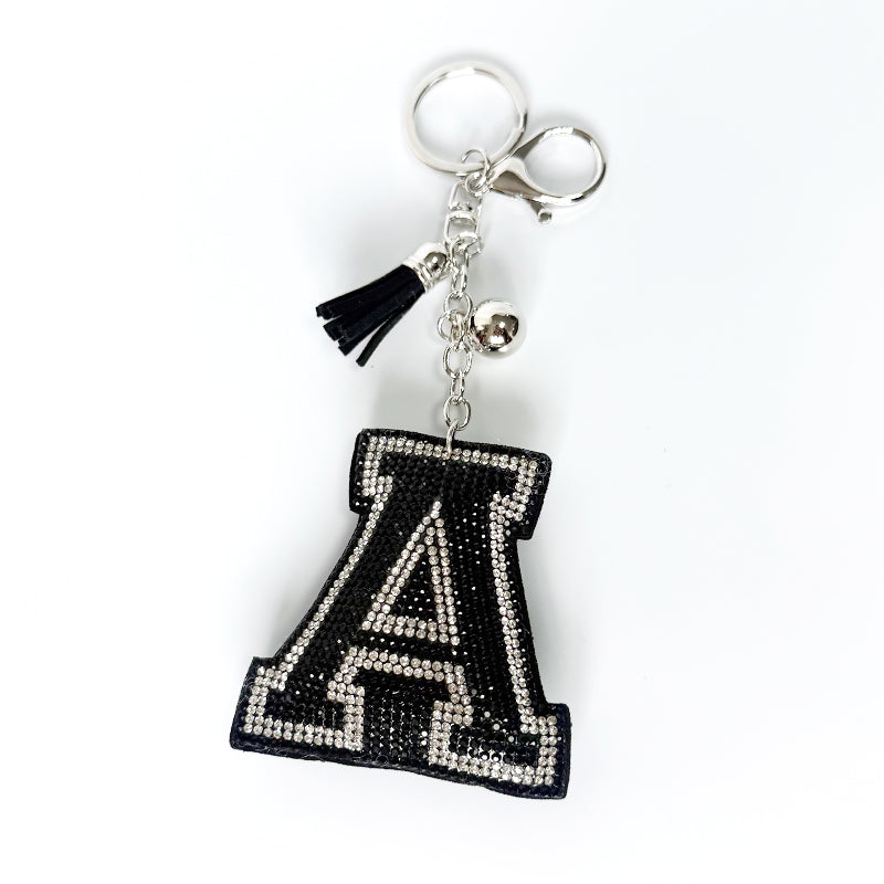 Rhinestone Letter Keychain, Black Varsity Initial Alphabet Charm Keyring with Tassel Bell, Personalized Bag Pendant Gift for Women