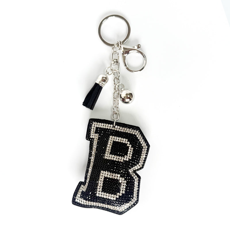 Rhinestone Letter Keychain, Black Varsity Initial Alphabet Charm Keyring with Tassel Bell, Personalized Bag Pendant Gift for Women