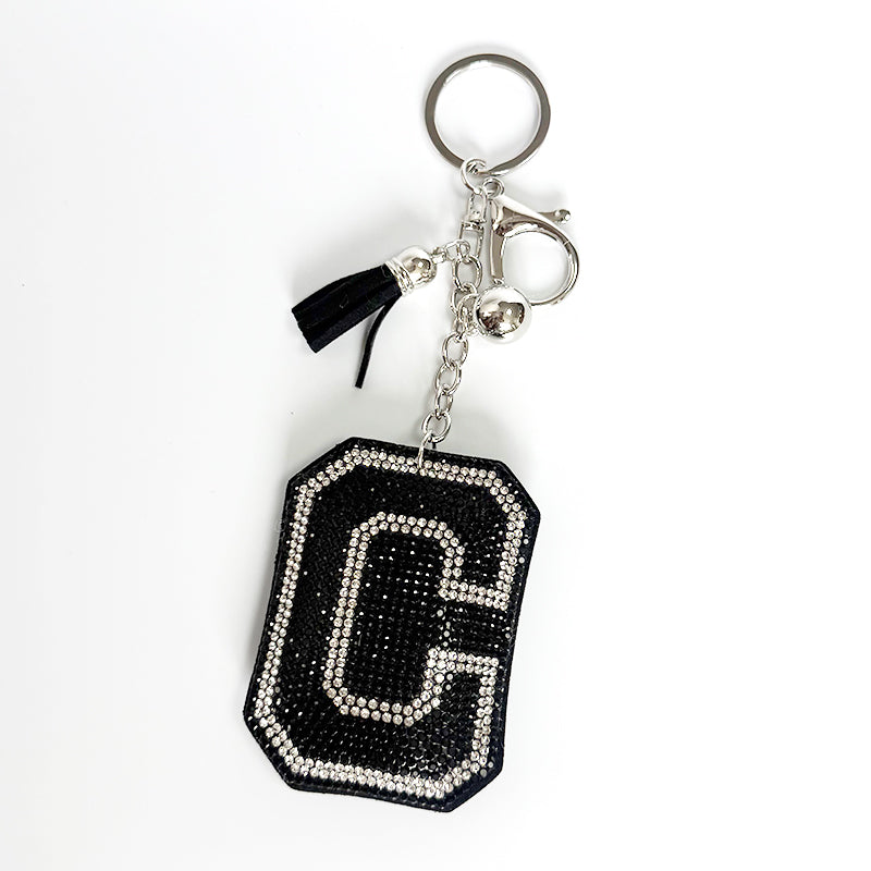 Rhinestone Letter Keychain, Black Varsity Initial Alphabet Charm Keyring with Tassel Bell, Personalized Bag Pendant Gift for Women
