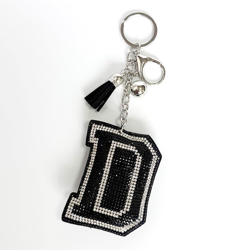 Rhinestone Letter Keychain, Black Varsity Initial Alphabet Charm Keyring with Tassel Bell, Personalized Bag Pendant Gift for Women