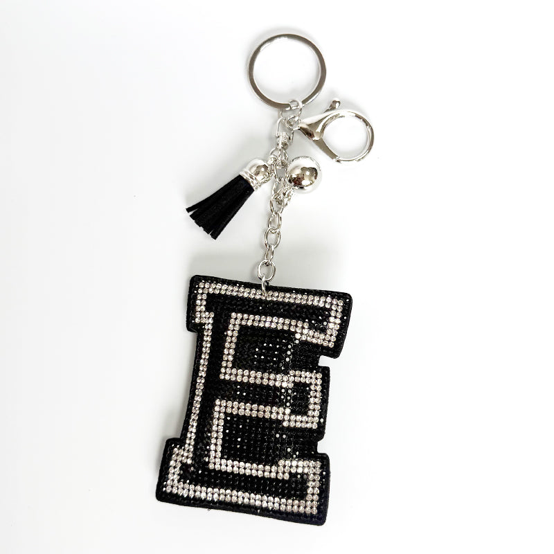 Rhinestone Letter Keychain, Black Varsity Initial Alphabet Charm Keyring with Tassel Bell, Personalized Bag Pendant Gift for Women