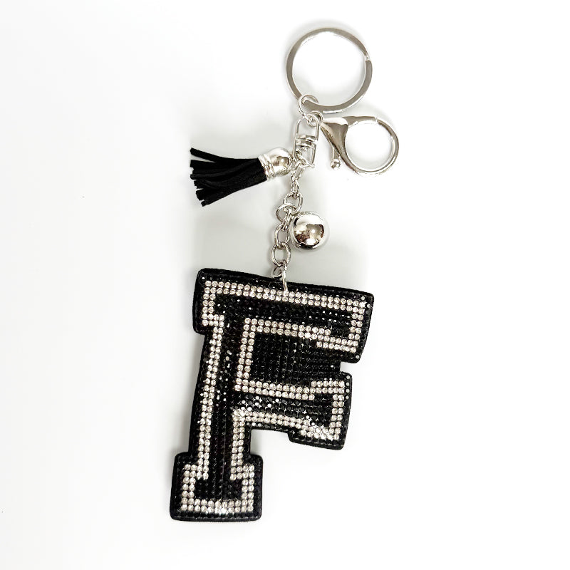 Rhinestone Letter Keychain, Black Varsity Initial Alphabet Charm Keyring with Tassel Bell, Personalized Bag Pendant Gift for Women