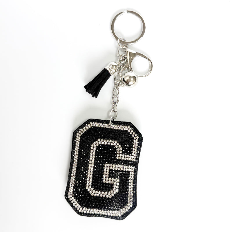 Rhinestone Letter Keychain, Black Varsity Initial Alphabet Charm Keyring with Tassel Bell, Personalized Bag Pendant Gift for Women