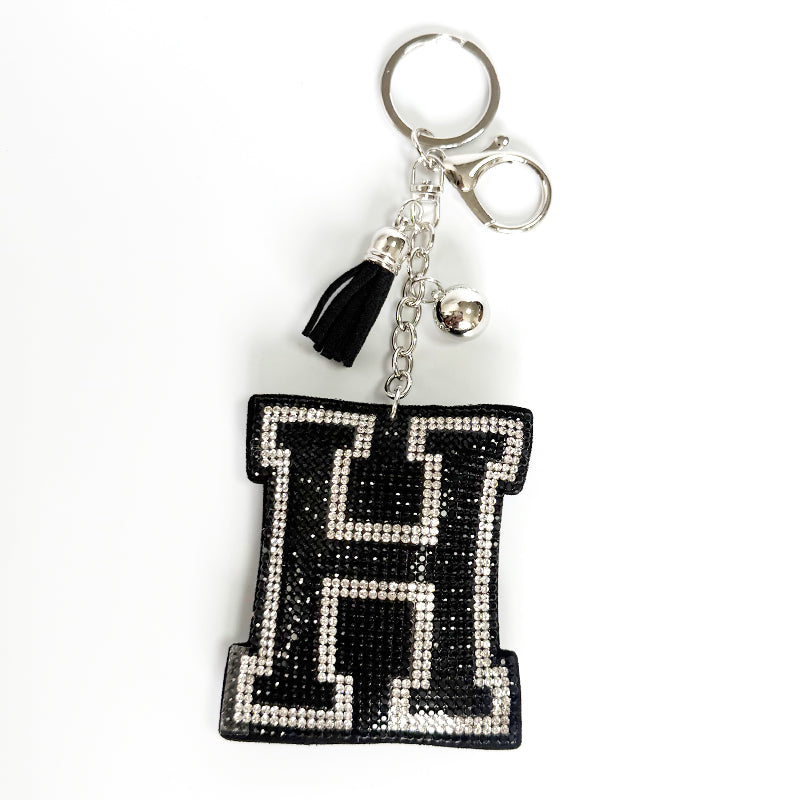 Rhinestone Letter Keychain, Black Varsity Initial Alphabet Charm Keyring with Tassel Bell, Personalized Bag Pendant Gift for Women