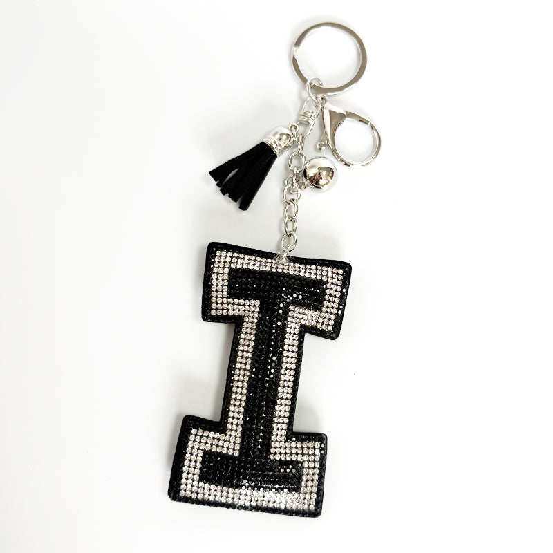 Rhinestone Letter Keychain, Black Varsity Initial Alphabet Charm Keyring with Tassel Bell, Personalized Bag Pendant Gift for Women