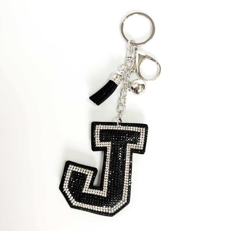 Rhinestone Letter Keychain, Black Varsity Initial Alphabet Charm Keyring with Tassel Bell, Personalized Bag Pendant Gift for Women