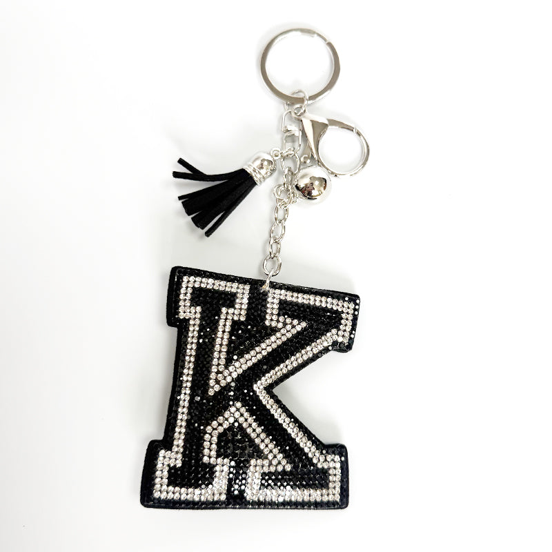 Rhinestone Letter Keychain, Black Varsity Initial Alphabet Charm Keyring with Tassel Bell, Personalized Bag Pendant Gift for Women