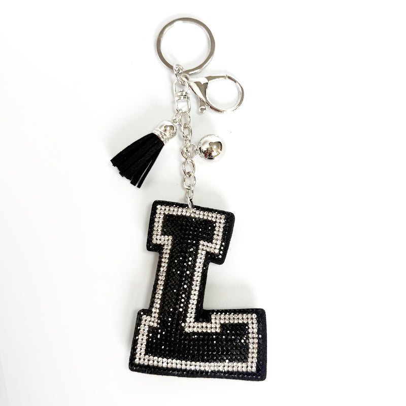 Rhinestone Letter Keychain, Black Varsity Initial Alphabet Charm Keyring with Tassel Bell, Personalized Bag Pendant Gift for Women