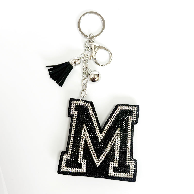 Rhinestone Letter Keychain, Black Varsity Initial Alphabet Charm Keyring with Tassel Bell, Personalized Bag Pendant Gift for Women