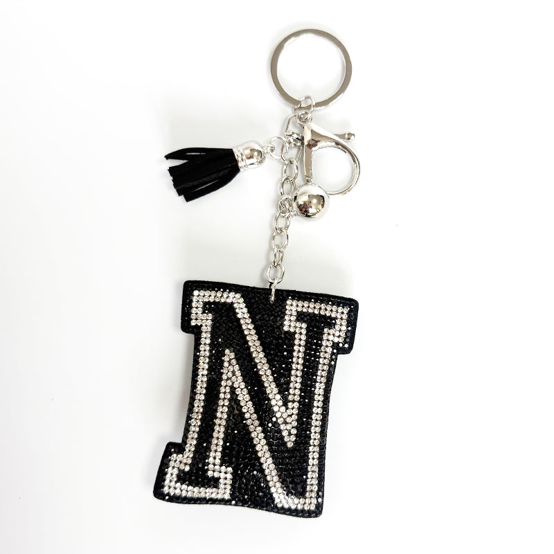 Rhinestone Letter Keychain, Black Varsity Initial Alphabet Charm Keyring with Tassel Bell, Personalized Bag Pendant Gift for Women