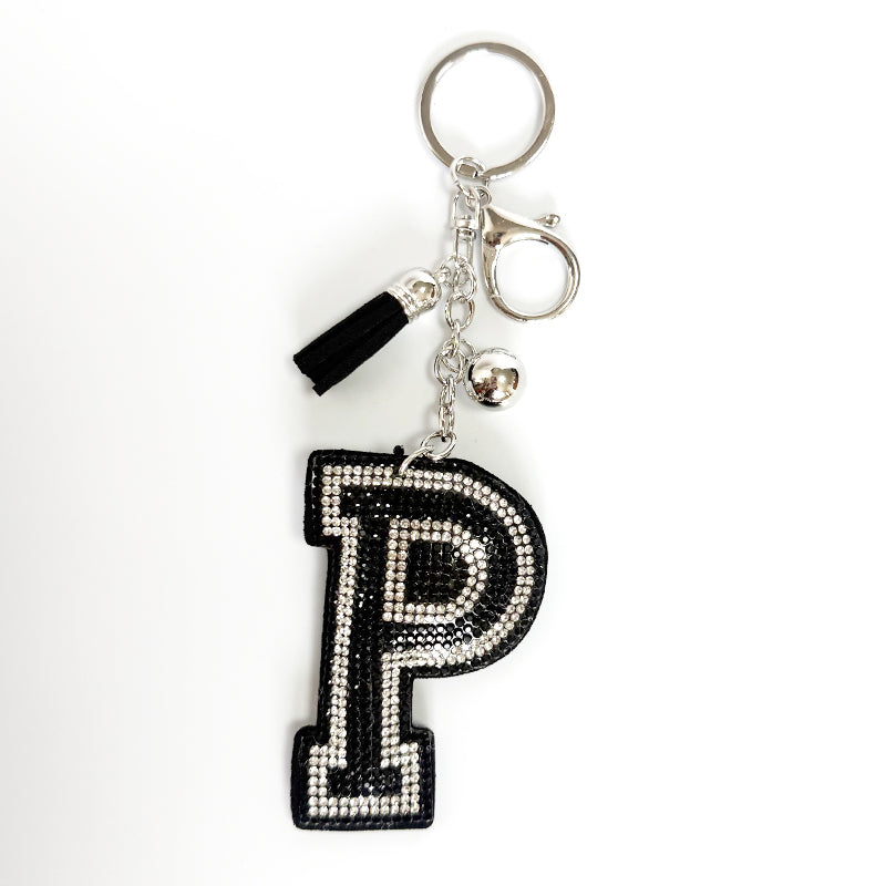 Rhinestone Letter Keychain, Black Varsity Initial Alphabet Charm Keyring with Tassel Bell, Personalized Bag Pendant Gift for Women