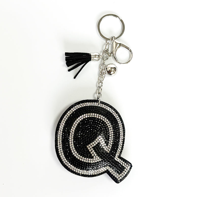 Rhinestone Letter Keychain, Black Varsity Initial Alphabet Charm Keyring with Tassel Bell, Personalized Bag Pendant Gift for Women