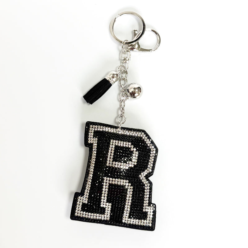 Rhinestone Letter Keychain, Black Varsity Initial Alphabet Charm Keyring with Tassel Bell, Personalized Bag Pendant Gift for Women