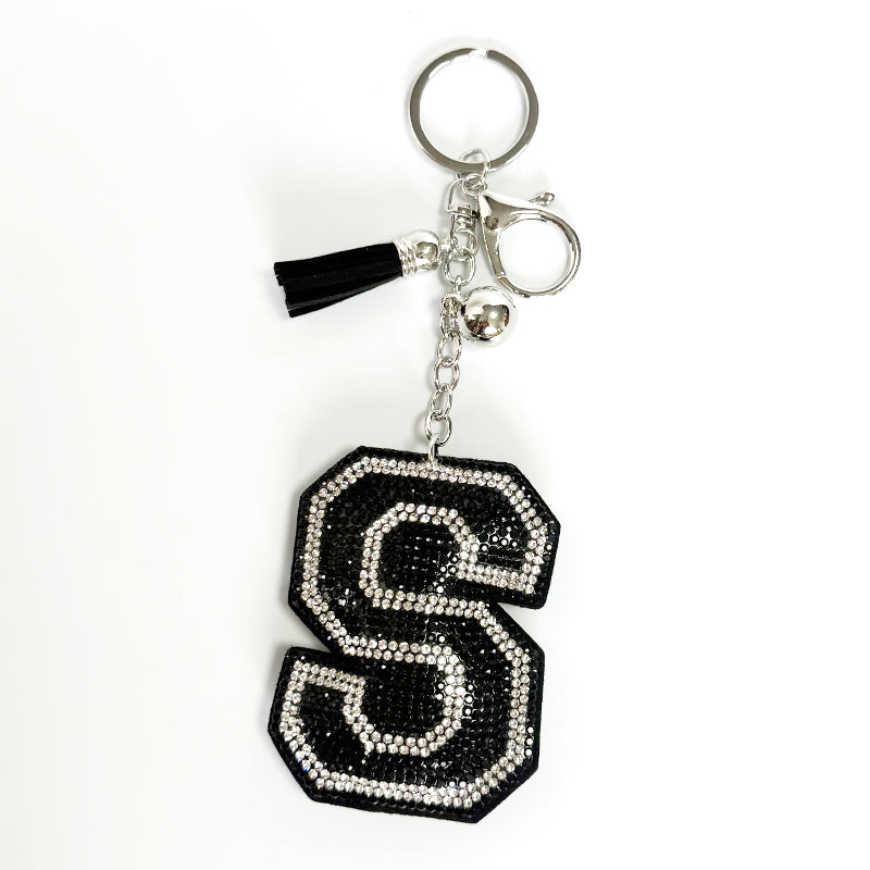 Rhinestone Letter Keychain, Black Varsity Initial Alphabet Charm Keyring with Tassel Bell, Personalized Bag Pendant Gift for Women