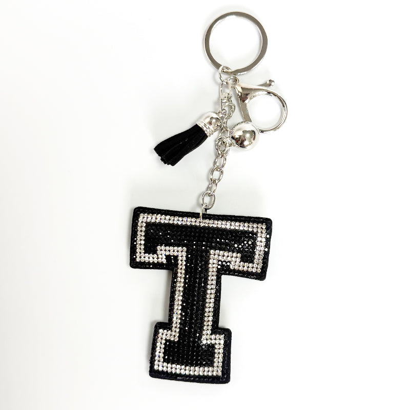 Rhinestone Letter Keychain, Black Varsity Initial Alphabet Charm Keyring with Tassel Bell, Personalized Bag Pendant Gift for Women