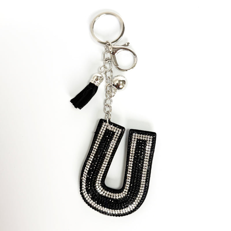 Rhinestone Letter Keychain, Black Varsity Initial Alphabet Charm Keyring with Tassel Bell, Personalized Bag Pendant Gift for Women