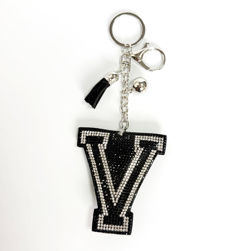Rhinestone Letter Keychain, Black Varsity Initial Alphabet Charm Keyring with Tassel Bell, Personalized Bag Pendant Gift for Women