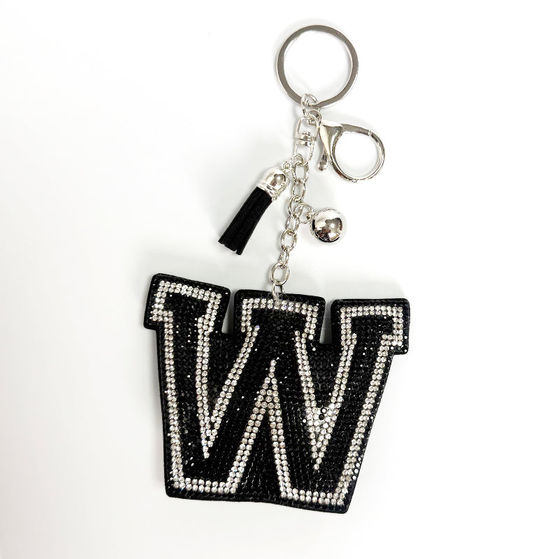 Rhinestone Letter Keychain, Black Varsity Initial Alphabet Charm Keyring with Tassel Bell, Personalized Bag Pendant Gift for Women