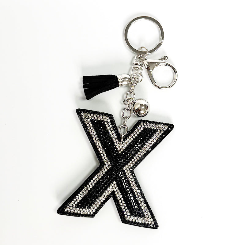 Rhinestone Letter Keychain, Black Varsity Initial Alphabet Charm Keyring with Tassel Bell, Personalized Bag Pendant Gift for Women