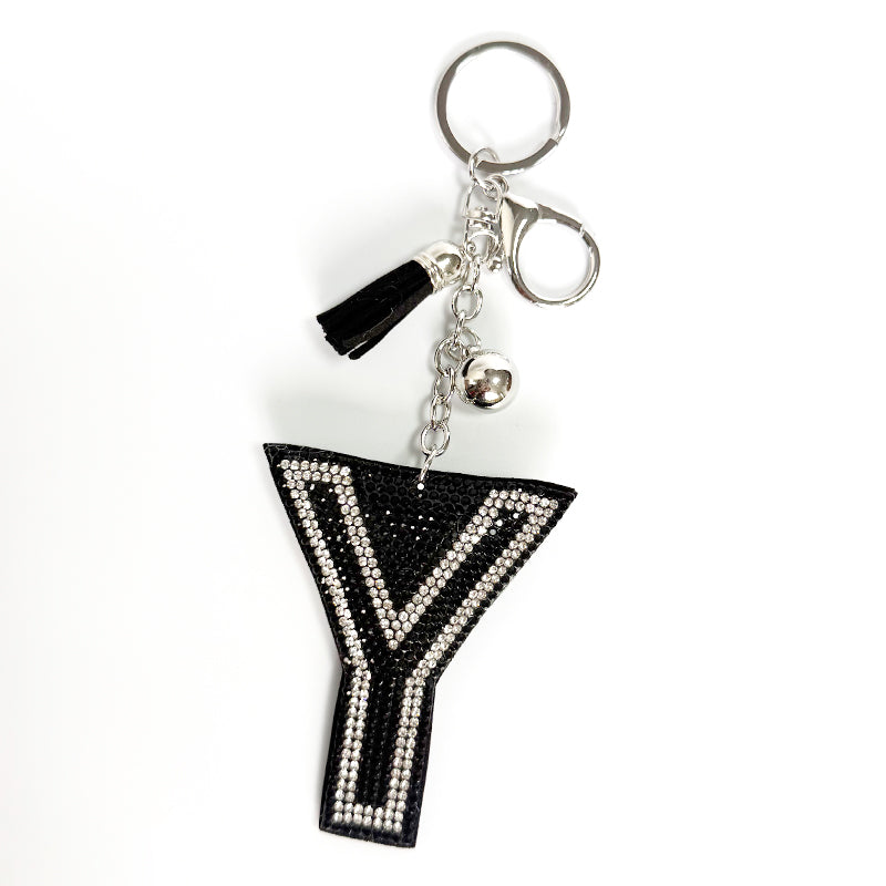 Rhinestone Letter Keychain, Black Varsity Initial Alphabet Charm Keyring with Tassel Bell, Personalized Bag Pendant Gift for Women