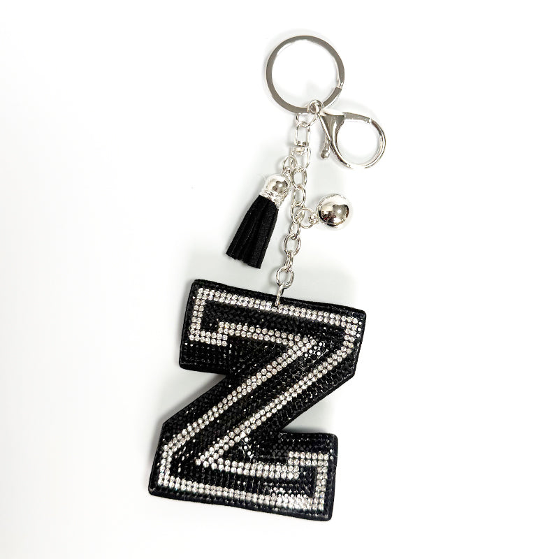 Rhinestone Letter Keychain, Black Varsity Initial Alphabet Charm Keyring with Tassel Bell, Personalized Bag Pendant Gift for Women